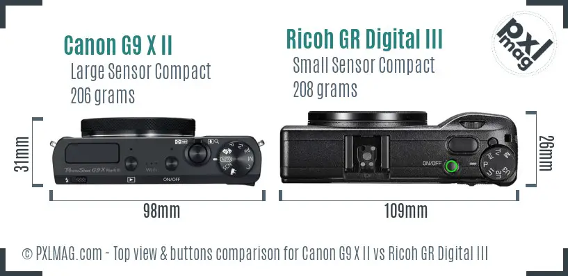 Canon G9 X II vs Ricoh GR Digital III top view buttons comparison Canon G9 X II vs Ricoh GR Digital III top view buttons comparison