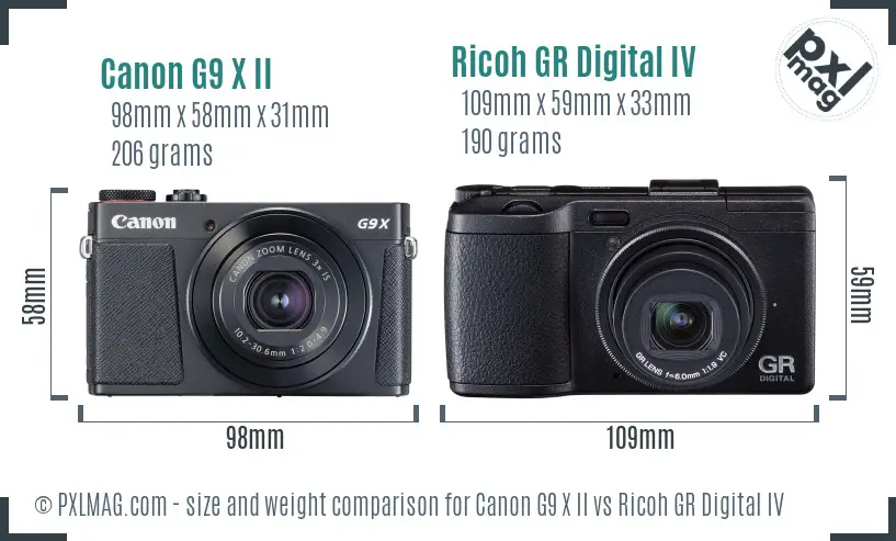 Canon G9 X II vs Ricoh GR Digital IV size comparison