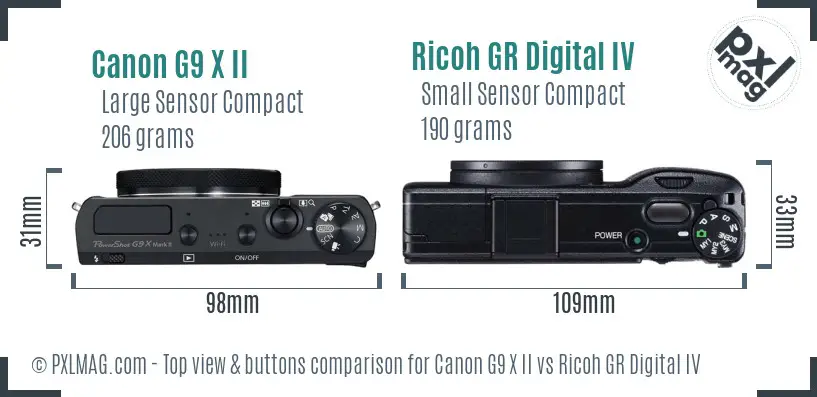 Canon G9 X II vs Ricoh GR Digital IV top view buttons comparison