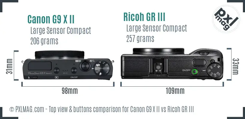 Canon G9 X II vs Ricoh GR III top view buttons comparison