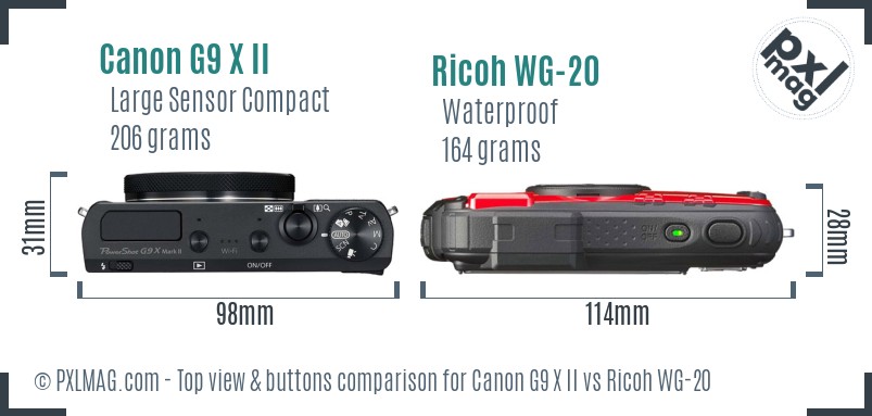 Canon G9 X II vs Ricoh WG-20 top view buttons comparison