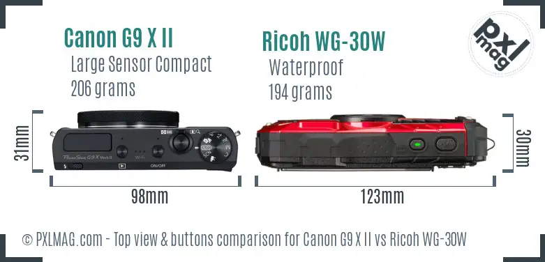 Canon G9 X II vs Ricoh WG-30W top view buttons comparison
