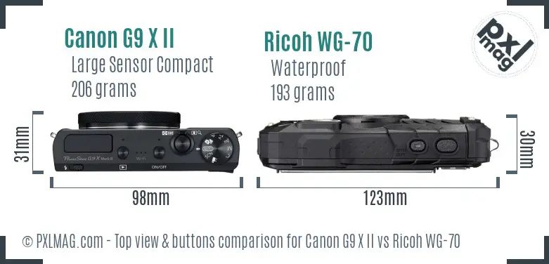 Canon G9 X II vs Ricoh WG-70 top view buttons comparison Canon G9 X II vs Ricoh WG-70 top view buttons comparison