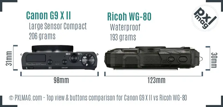 Canon G9 X II vs Ricoh WG-80 top view buttons comparison Canon G9 X II vs Ricoh WG-80 top view buttons comparison
