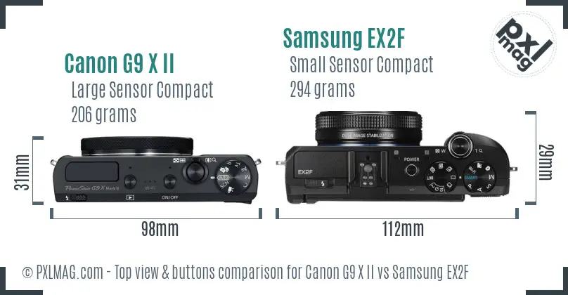 Canon G9 X II vs Samsung EX2F top view buttons comparison