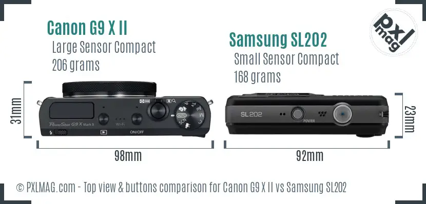 Canon G9 X II vs Samsung SL202 top view buttons comparison Canon G9 X II vs Samsung SL202 top view buttons comparison