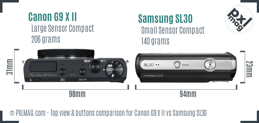 Canon G9 X II vs Samsung SL30 top view buttons comparison
