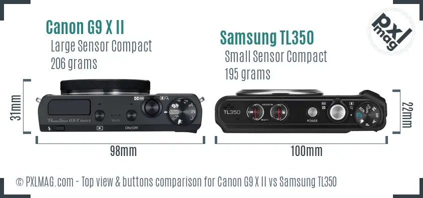 Canon G9 X II vs Samsung TL350 top view buttons comparison