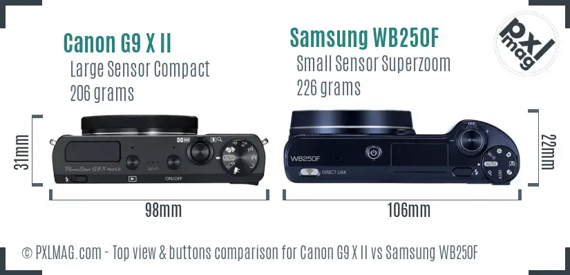 Canon G9 X II vs Samsung WB250F top view buttons comparison