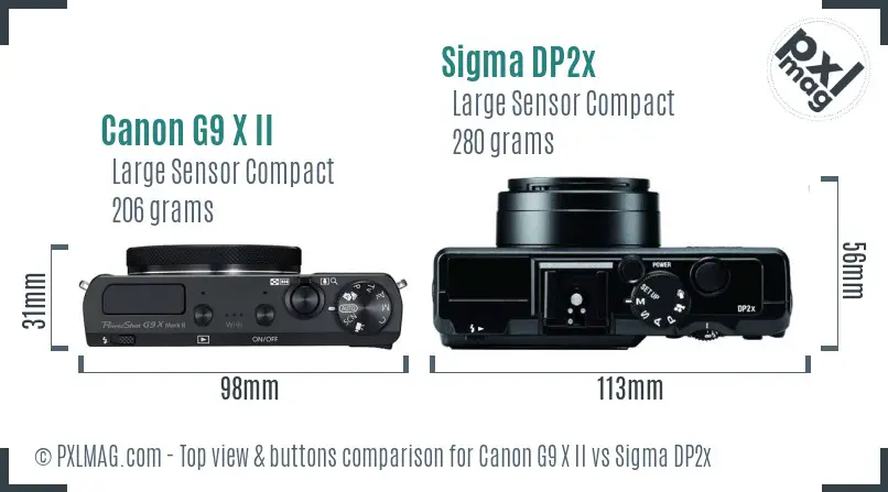 Canon G9 X II vs Sigma DP2x top view buttons comparison