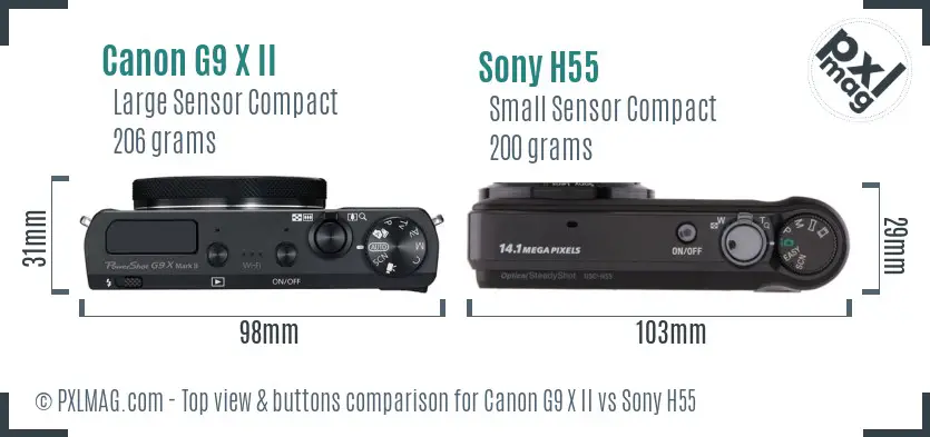 Canon G9 X II vs Sony H55 top view buttons comparison