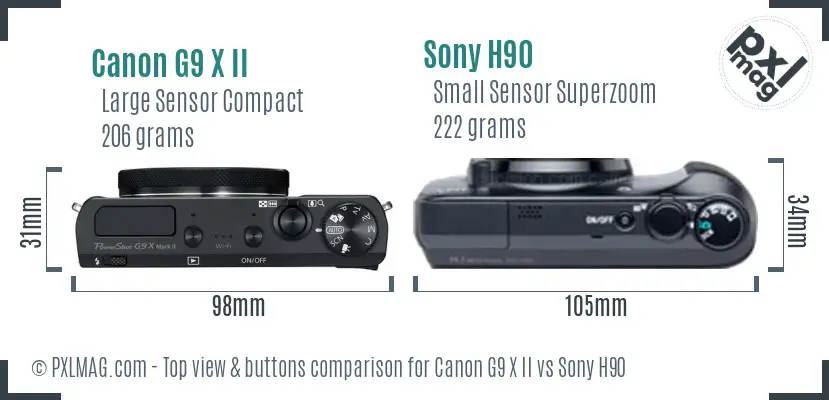 Canon G9 X II vs Sony H90 top view buttons comparison