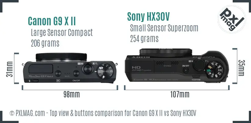 Canon G9 X II vs Sony HX30V top view buttons comparison Canon G9 X II vs Sony HX30V top view buttons comparison
