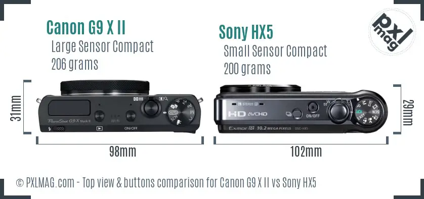 Canon G9 X II vs Sony HX5 top view buttons comparison