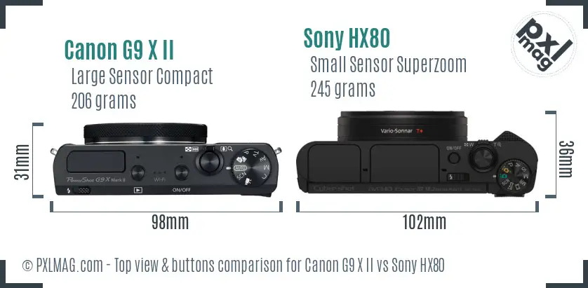 Canon G9 X II vs Sony HX80 top view buttons comparison