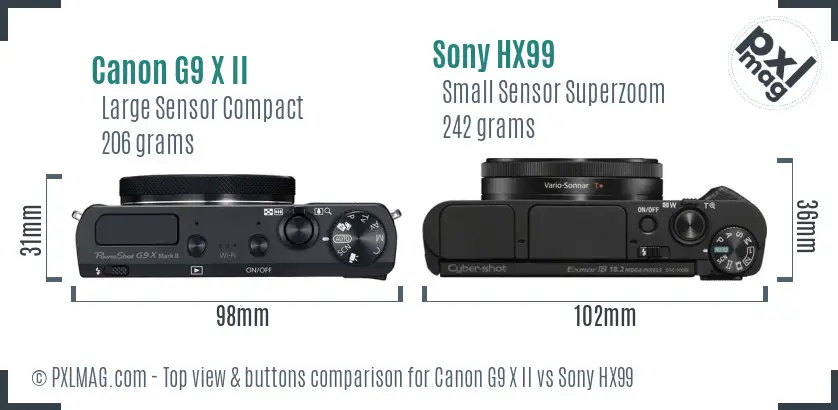 Canon G9 X II vs Sony HX99 top view buttons comparison Canon G9 X II vs Sony HX99 top view buttons comparison