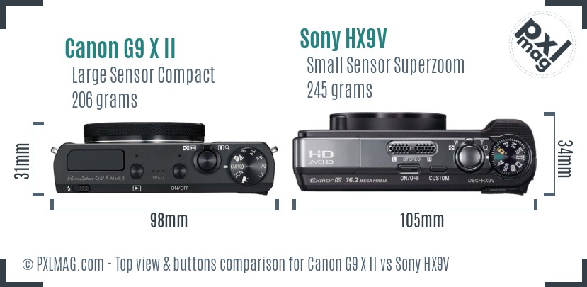 Canon G9 X II vs Sony HX9V top view buttons comparison