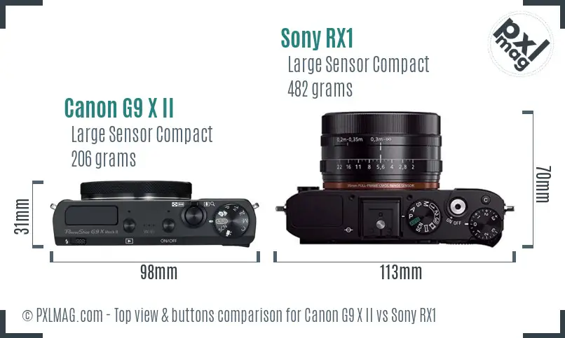 Canon G9 X II vs Sony RX1 top view buttons comparison
