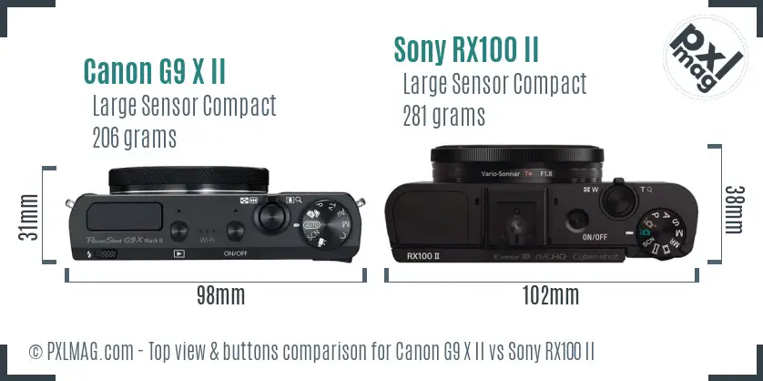 Canon G9 X II vs Sony RX100 II top view buttons comparison