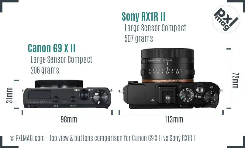 Canon G9 X II vs Sony RX1R II top view buttons comparison