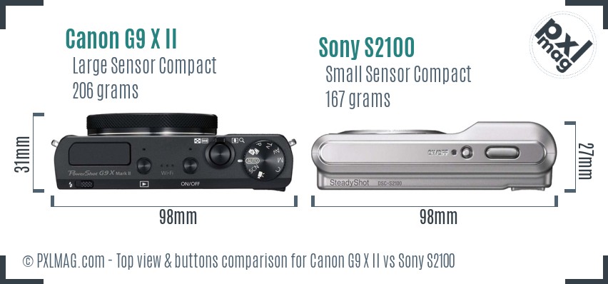 Canon G9 X II vs Sony S2100 top view buttons comparison