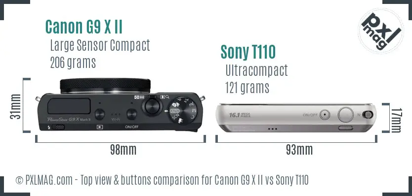 Canon G9 X II vs Sony T110 top view buttons comparison