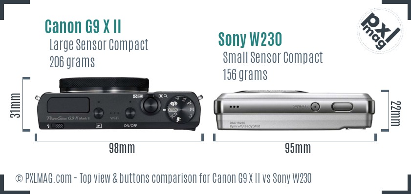 Canon G9 X II vs Sony W230 top view buttons comparison
