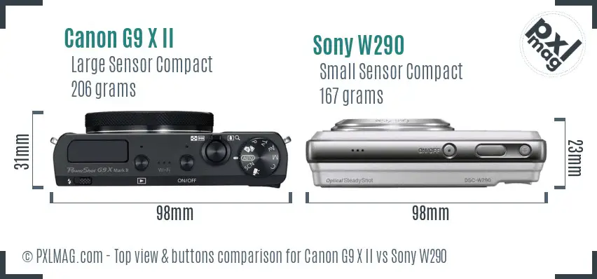 Canon G9 X II vs Sony W290 top view buttons comparison