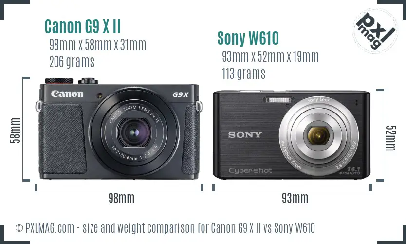 Canon G9 X II vs Sony W610 size comparison