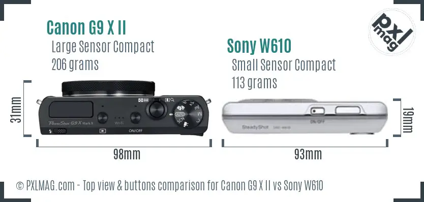 Canon G9 X II vs Sony W610 top view buttons comparison