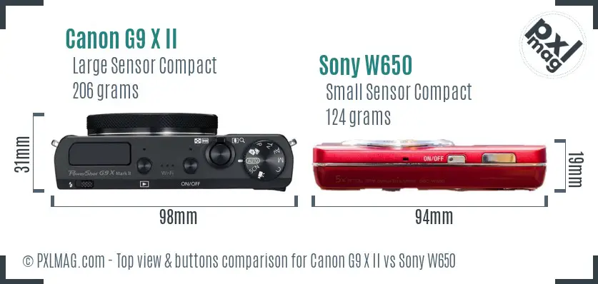 Canon G9 X II vs Sony W650 top view buttons comparison