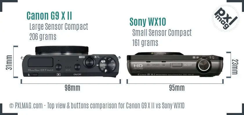 Canon G9 X II vs Sony WX10 top view buttons comparison