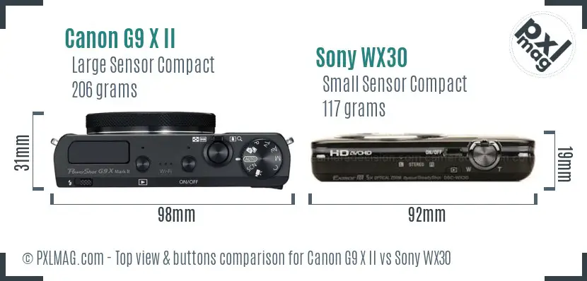Canon G9 X II vs Sony WX30 top view buttons comparison