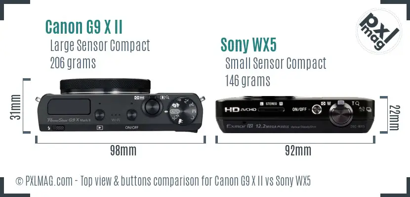 Canon G9 X II vs Sony WX5 top view buttons comparison Canon G9 X II vs Sony WX5 top view buttons comparison