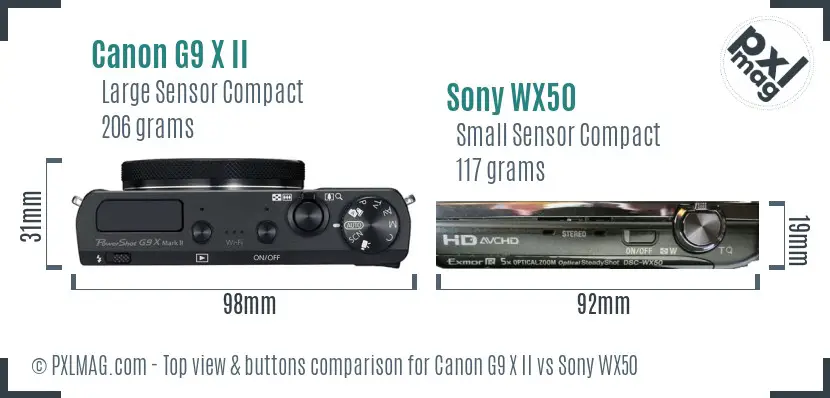 Canon G9 X II vs Sony WX50 top view buttons comparison