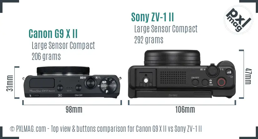 Canon G9 X II vs Sony ZV-1 II top view buttons comparison