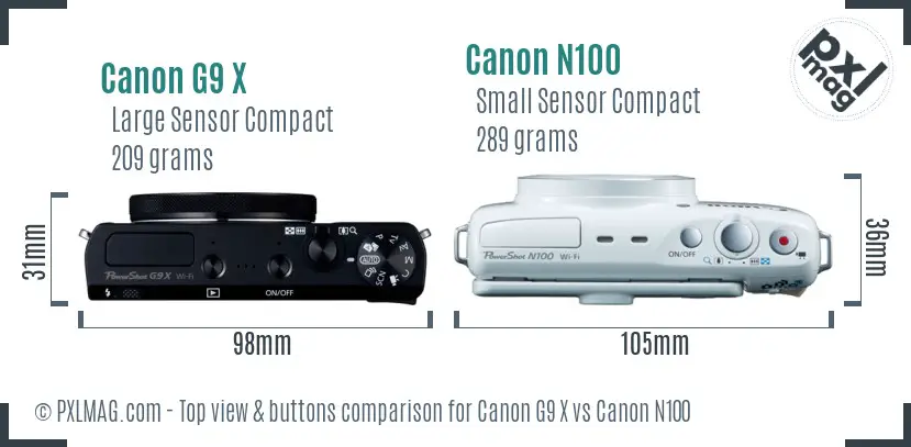 Canon G9 X vs Canon N100 top view buttons comparison