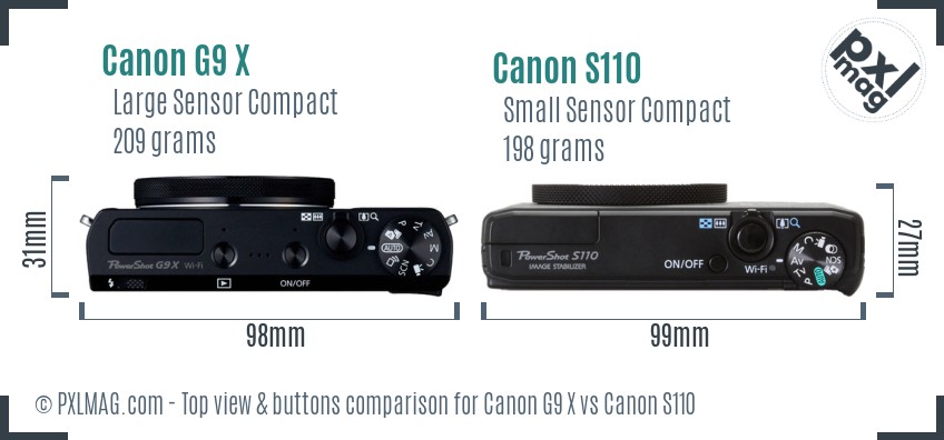 Canon G9 X vs Canon S110 top view buttons comparison