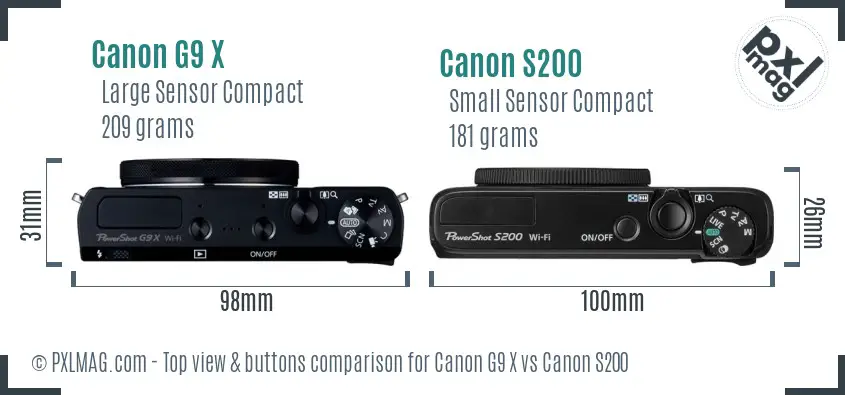 Canon G9 X vs Canon S200 top view buttons comparison