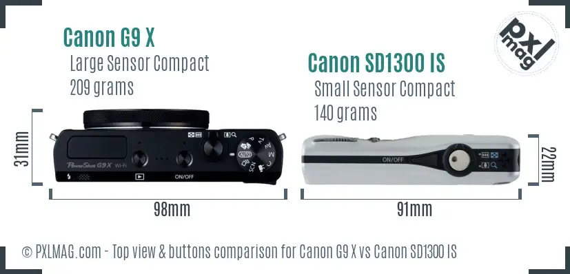 Canon G9 X vs Canon SD1300 IS top view buttons comparison