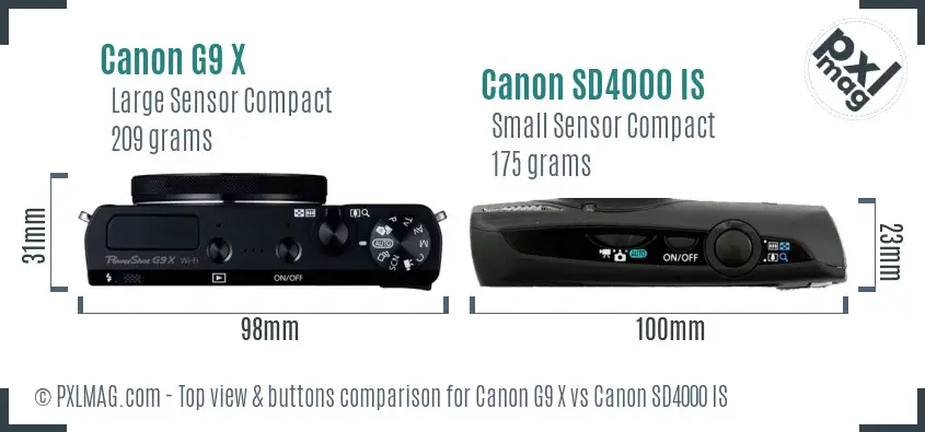 Canon G9 X vs Canon SD4000 IS top view buttons comparison
