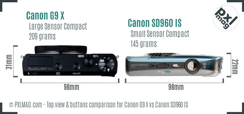 Canon G9 X vs Canon SD960 IS top view buttons comparison