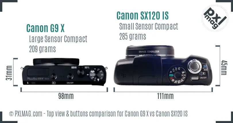 Canon G9 X vs Canon SX120 IS top view buttons comparison