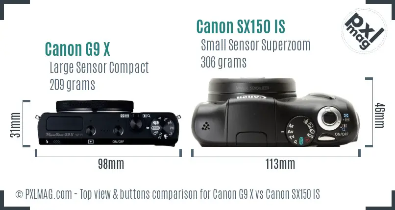 Canon G9 X vs Canon SX150 IS top view buttons comparison