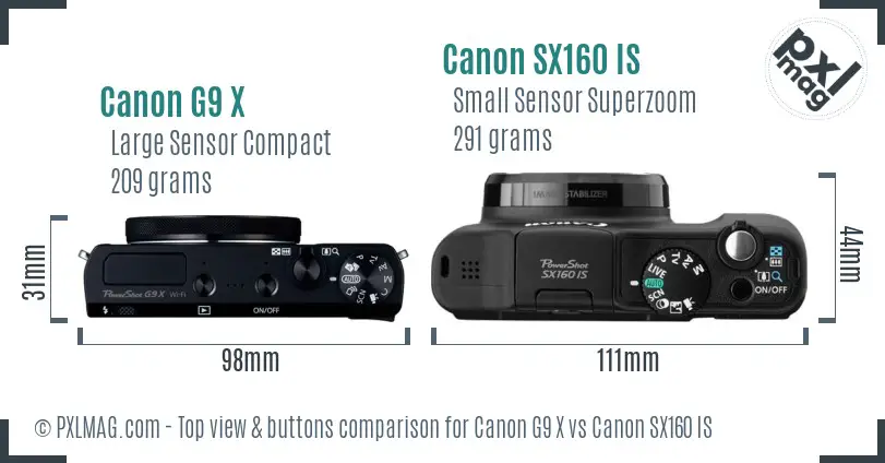 Canon G9 X vs Canon SX160 IS top view buttons comparison