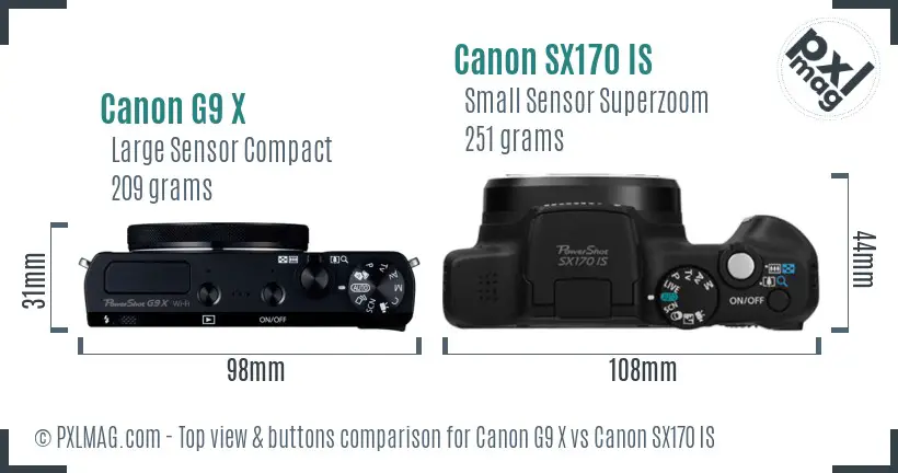 Canon G9 X vs Canon SX170 IS top view buttons comparison