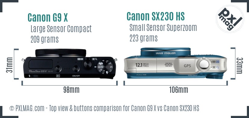 Canon G9 X vs Canon SX230 HS top view buttons comparison