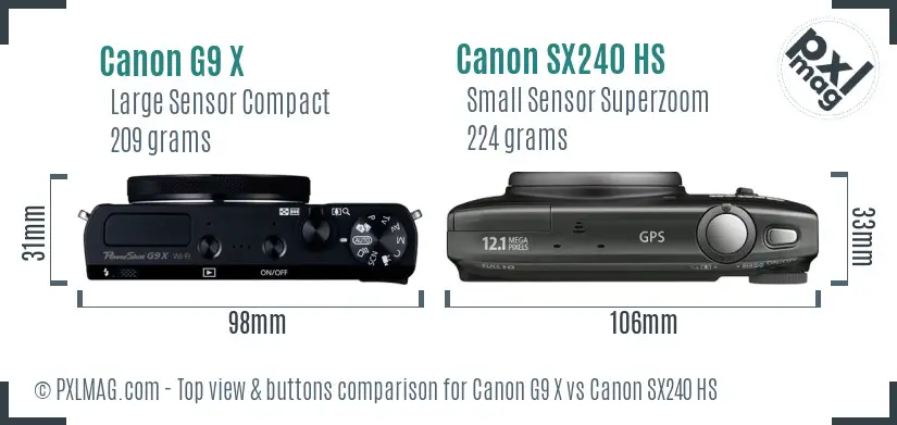 Canon G9 X vs Canon SX240 HS top view buttons comparison
