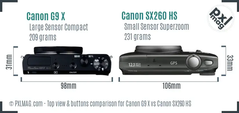 Canon G9 X vs Canon SX260 HS top view buttons comparison