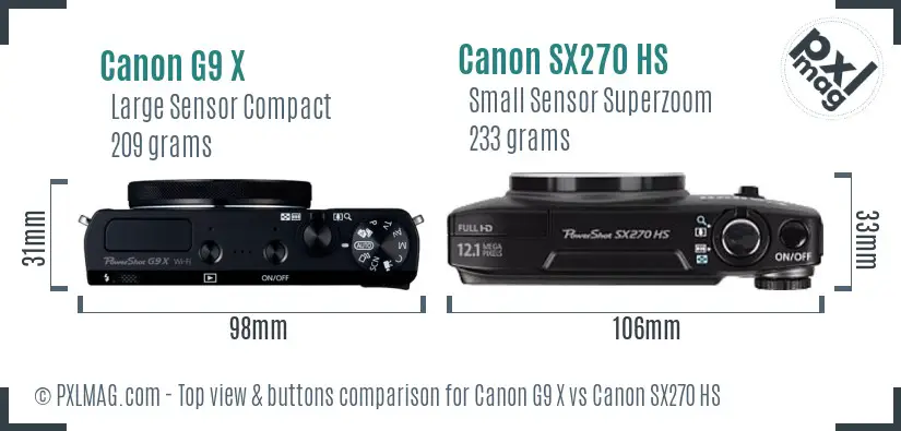 Canon G9 X vs Canon SX270 HS top view buttons comparison